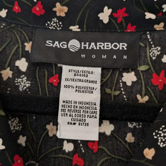 Vintage Sag Harbor Black Floral Button Up Collared Top sz 1X 90s Casual - Picture 7 of 8